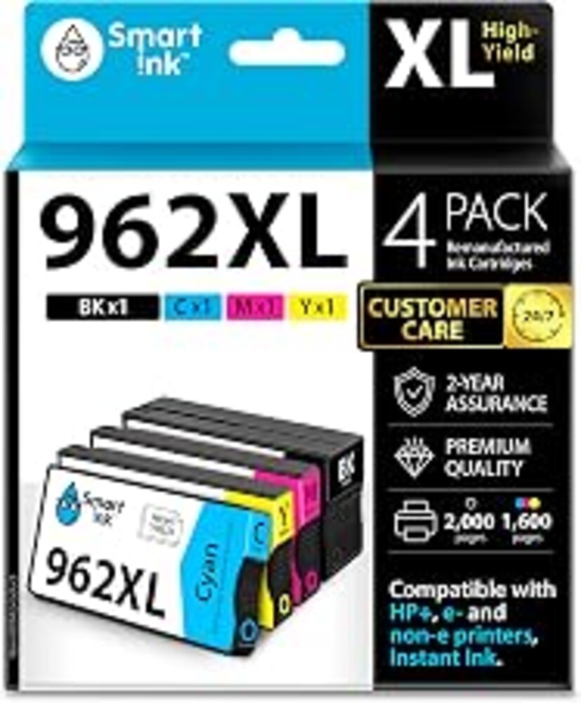 Smart Ink Remanufactured Ink Cartridges Replacement for HP 962XL 962 XL Combo Pack (962XL Black, Cyan, Magenta, Yellow) to use with OfficeJet Pro 9015e 9018e 9025e 9012e 9015 9010 9012 9018 9020 9025