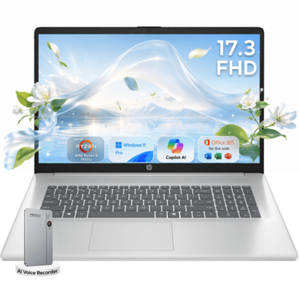 HP 17.3" FHD Business Laptop, AMD Ryzen 5 7430U, 8GB RAM 256GB SSD, Windows 11 Pro with Reclox AI Voice Recorder, Copilot AI