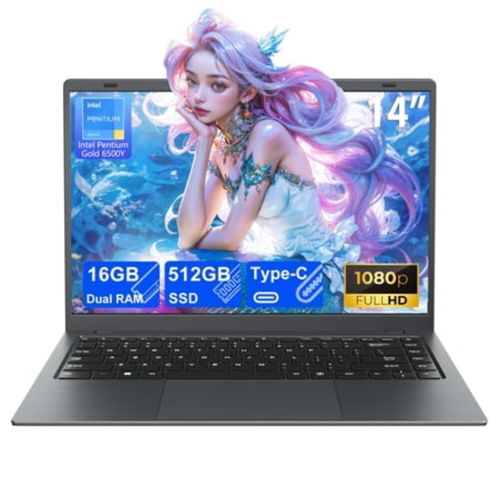 RNRUO 14" Laptop with Windows 11, 16GB RAM 512GB SSD, FHD Screen USB-C PD Charing, Office 2024 Included, Portable Laptop for Students and Home Use, Gray