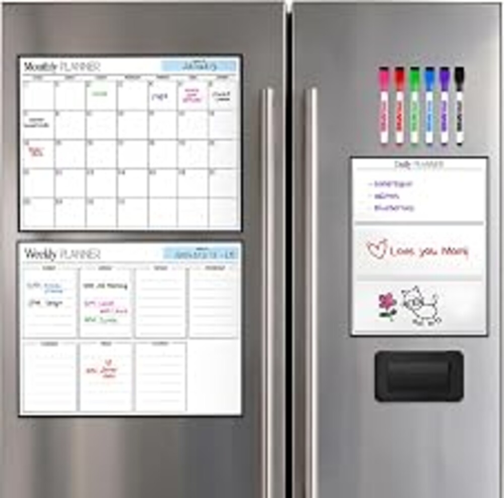 3 Pack Magnetic Dry Erase Calendar for Fridge, 17" x 12" Fridge Planner | Stain-Resistant Magnetic Calendar for Refrigerator with 6 Magnetic Markers & 1 Eraser - Monthly, Weekly & Daily Planner Set