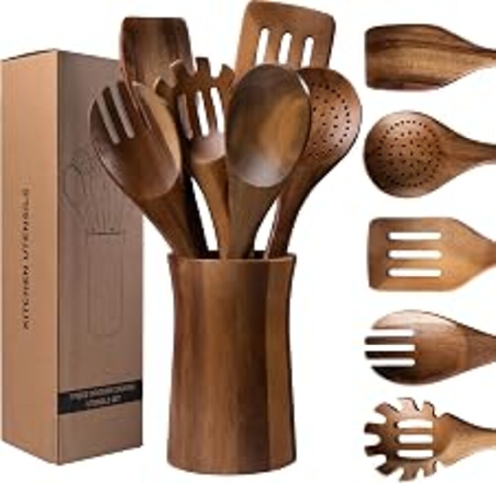 7 Piece Natural Acacia Wooden Kitchen Utensil Set with Holder - Wooden Spoons and fork for Cooking Comfort Grip Cooking Spoons, Spatulas, Strainer Spoon, Salad Fork, Mixing Spoon and Utensil Holder