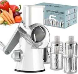 Ourokhome Rotary Cheese Grater Hand Crank, Kitchen Shredder Speed Mandolin Slicer Ice Shaver with Handle and Drum Blades for Cheese, Vegetable, Nuts, Chocolate, Potato, Carrot, 5 Blades, White