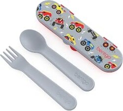 Bentgo Kids Plastic Utensil Set with Fork, Spoon, & Storage Case | Reusable, PFAS- & BPA-Free, Easy-Grip Handles, Lightweight, Dishwasher Safe, School, Travel & On-the-Go (Trucks)