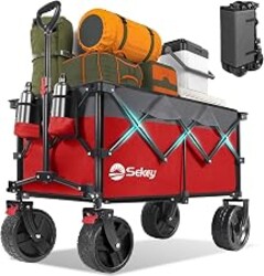 Sekey 220L Wagons Carts Foldable with Big All-Terrian Beach Wheels, Collapsible Heavy DutyWagon with Cup Holders, Extra Large Folding Wagon,Foldable Wagon for Camping, Garden, Sports.Red&Gray