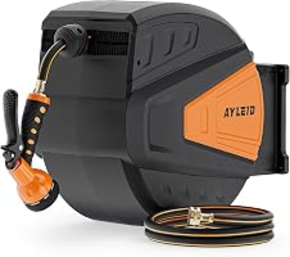 Ayleid Retractable Rubber Hybrid Garden Hose Reel, 1/2"x130ft Wall Mount | Anti-freeze, kink-free premium rubber hybrid hose, 24-month warranty, 9-pattern sprayer, any-length lock, slow auto-return.