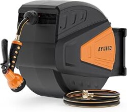 Ayleid Retractable Rubber Hybrid Garden Hose Reel, 1/2"x130ft Wall Mount | Anti-freeze, kink-free premium rubber hybrid hose, 24-month warranty, 9-pattern sprayer, any-length lock, slow auto-return.
