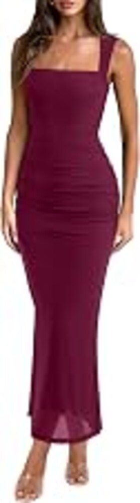 REORIA Summer Wedding Guest Maxi Dresses for Women | Sleeveless,Square Neck,Sheer Mesh,Ruched,Slim,Bodycon,Formal,Elegant Long Dress,Cocktail,Club Nightout,2026 Trendy Clothes