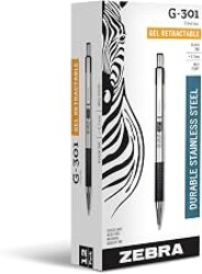 Zebra Pen STEEL G-301 Retractable Gel Pen, Black Ink, 0.7mm, 12-Pack | Stainless Steel Barrel, Textured Grip, Easy-Glide Smooth, Skipless Ink, Fine Point Tip, Professional Design (41310)
