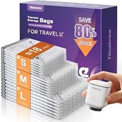 Nicetree 18-Pack Vacuum Bags for Travel with Rechargeable Pump, 3 Sizes | Compression Packing Bags for Carry-On Luggage and Suitcases. Space Saver Vacuum Seal Bags for Clothing and Home Storage