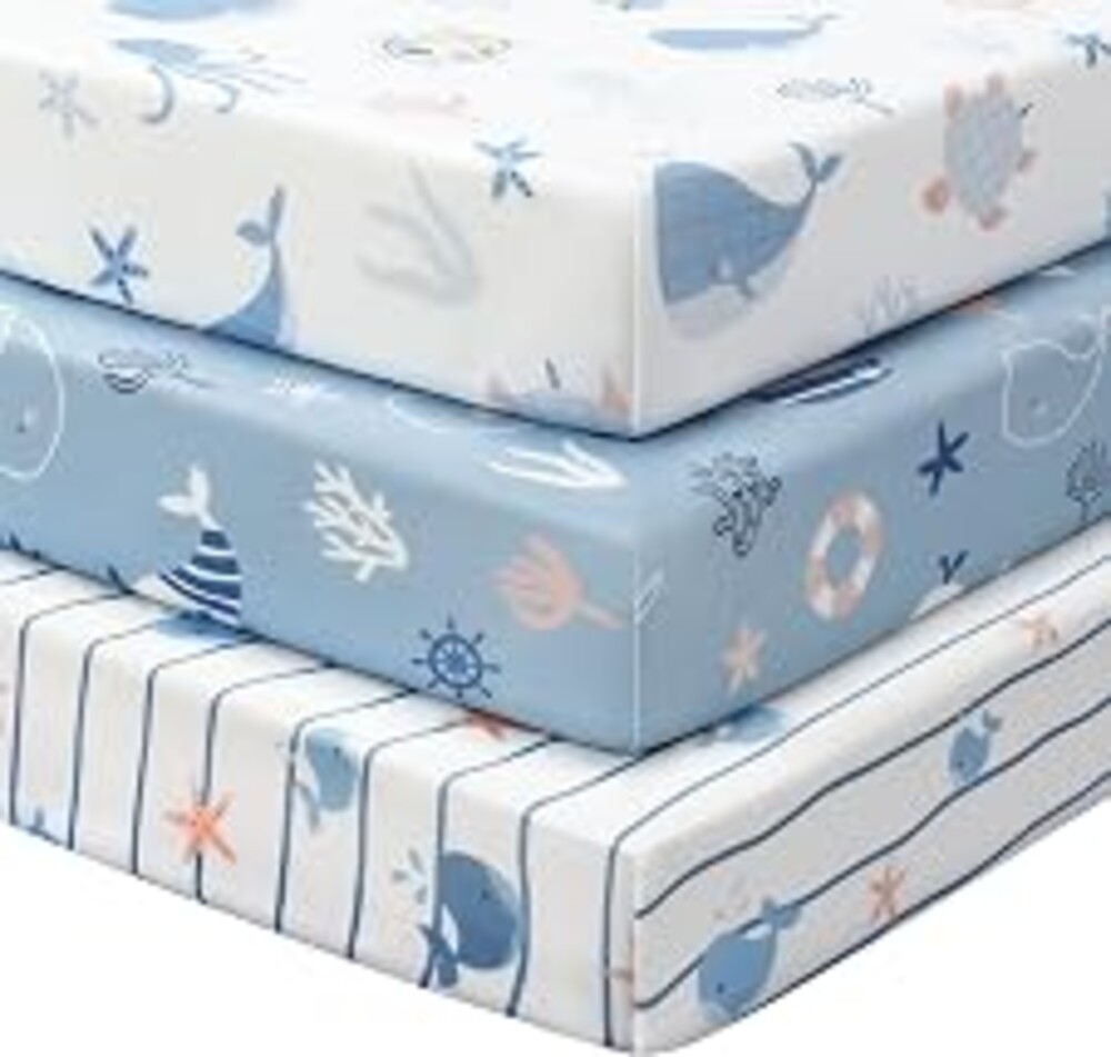 FIEMOL Baby Crib Sheets for Boys and Girls, 3 Pack Toddler Bed Sheets for 52”x28” Standard Toddler Mattresses, Soft Microfiber Fitted Crib Sheets Neutral Blue Ocean Whale