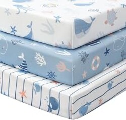 FIEMOL Baby Crib Sheets for Boys and Girls, 3 Pack Toddler Bed Sheets for 52”x28” Standard Toddler Mattresses, Soft Microfiber Fitted Crib Sheets Neutral Blue Ocean Whale