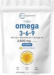 Ultra Omega 3-6-9 3600mg Per Serving, 300 Burpless Softgels | Lemon Flavor – Blend of Fish, Flaxseed, Borage Oils | Bioavailable Source, Non-GMO, No Gluten, Mercury Free