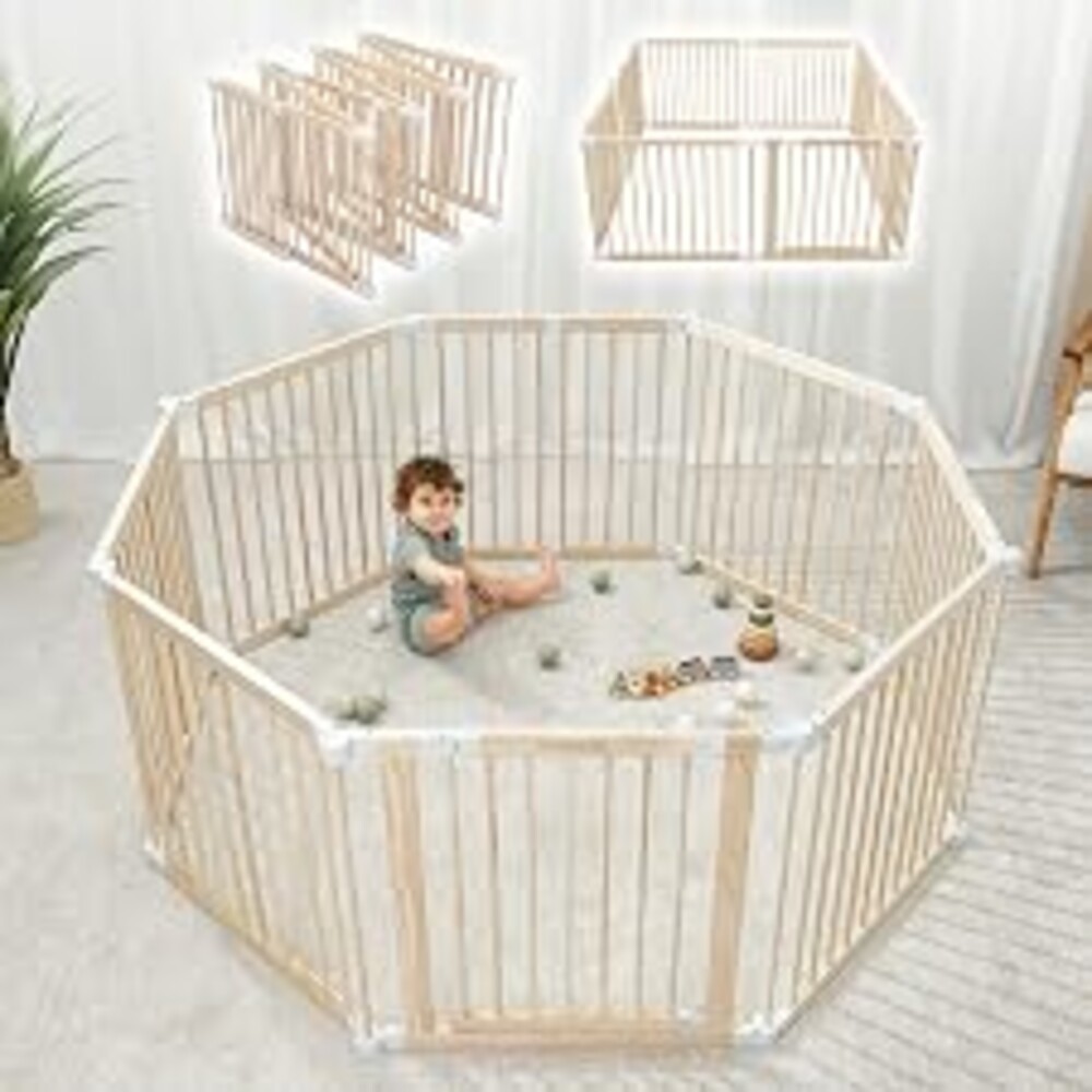 Comfy Cubs Baby Gate Playpen 57x57x25in - Foldable Playpen Light Wood White | Extends Up to 228”, Natural Pine Wood Baby Fence Play Area with Safe Child-Proof Lock - Easy Assembly, Foldable Baby Playpen
