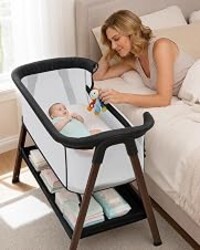JevrJeur Baby Bassinet, Bedside Bassinet for Baby | Bassinet Bedside Sleeper with Mattress, Storage Basket and 4 Auto-Lock Wheels, Full-Mesh Sides, Bedside Mini Crib for Newborn