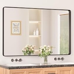 Keonjinn 48 x 30 Inch Black Bathroom Mirrors for Over Sink, Tempered Glass | Sandblasted Finish, Matte Black Vanity Mirror, Anti-Rust, Seamless Aluminum Frame, Rounded Rectangle, French Cleat Mount