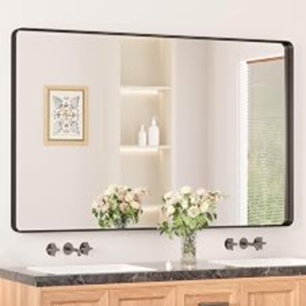 Keonjinn 48 x 30 Inch Black Bathroom Mirrors for Over Sink, Tempered Glass | Sandblasted Finish, Matte Black Vanity Mirror, Anti-Rust, Seamless Aluminum Frame, Rounded Rectangle, French Cleat Mount