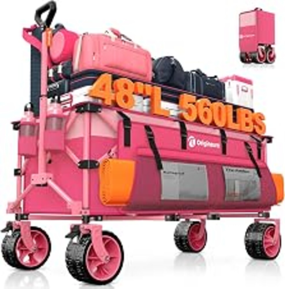 Originsure 300L Collapsible Beach Wagon Cart with Big Wheels, 560lbs, Pink | 48" Foldable Utility Wagon,7" All-Terrain Wheels,Heavy Duty Frame,Compact&Space-Saving,for Camping,Sports,Grocery,Garden