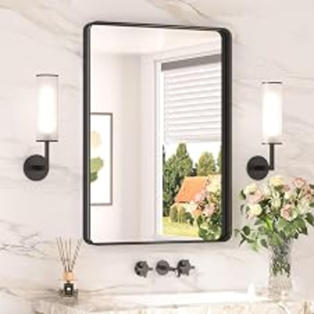 Keonjinn 20 x 30 Inch Black Bathroom Mirror, Tempered Glass Vanity Mirror | Sandblasted Finish, Matte Black Mirror, Anti-Rust, Seamless Aluminum Frame, Rounded Rectangle, French Cleat Mount, Home Décor