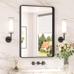 Keonjinn 20 x 30 Inch Black Bathroom Mirror, Tempered Glass Vanity Mirror | Sandblasted Finish, Matte Black Mirror, Anti-Rust, Seamless Aluminum Frame, Rounded Rectangle, French Cleat Mount, Home Décor