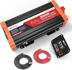 BELTTT 3000W Pure Sine Wave Inverter 12V DC to 120V AC, 6000W Peak | LCD Display, 23 ft Wired Remote, Dual AC and 20A Outlets, Hardwire Port, USB, Power Inverter for Solar, Off-Grid, RV, Truck