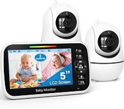 GoodBaby 5" Split Screen Baby Monitor with 2 Cameras and Audio | No WiFi Secure Camera, 30-Hour Battery, Remote PTZ, Auto Night Vision, Room Temperature, Two-Way Audio，Lullabies，960 ft Range