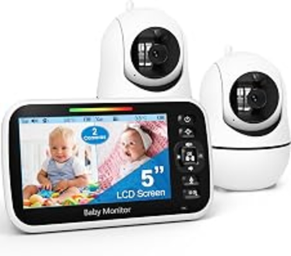 GoodBaby 5" Split Screen Baby Monitor with 2 Cameras and Audio | No WiFi Secure Camera, 30-Hour Battery, Remote PTZ, Auto Night Vision, Room Temperature, Two-Way Audio，Lullabies，960 ft Range