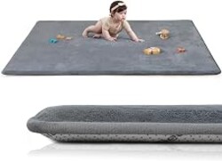 Huloo Sleep Baby Play Mat for Floor, Thick 74"×50" Playpen Mat (Dark Grey) | Non-Toxic Certified Water-Repellent Coral Velvet, Non-Slip Safe Crawling Mat for Tummy Time, Toddler & Infant,Kids