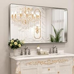 LOAAO 60X36 Inch Brushed Nickel Bathroom Mirror | Rounded Rectangle, Silver Metal Frame, Anti-Rust, Tempered Glass, Hangs Horizontally or Vertically
