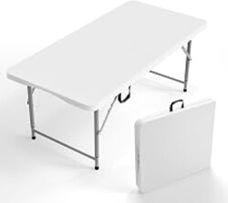 VINGLI 4 FT Plastic Folding Camping Table,3-Level Adjustable Height, Portable in/Outdoor Party Picnic Dining Desk, Garden Soccer Multipurpose Entertaining Activities，White