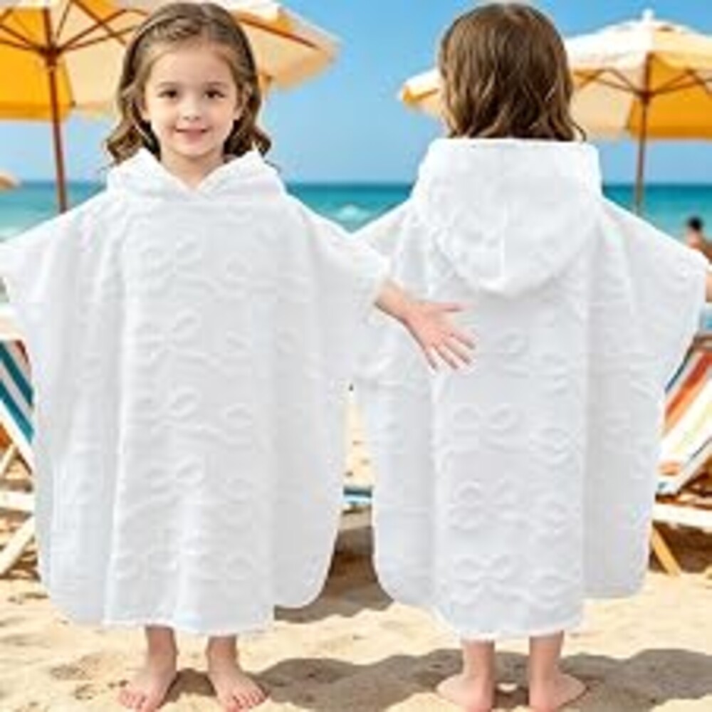 Toddler Beach Towels with Hood, Oversized (2-4Years,21"X21") Made from 100% Soft Cotton,Absorbent Hooded Poncho Towel for Baby Girl,Perfect for Pool | Swimming | Bath | Beach,Jacquard White Bow