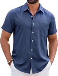 ROUWELL Mens Linen Shirt Short Sleeve Wrinkle Free Casual Untucked Button Down Shirts Beach Breathable Tops Summer