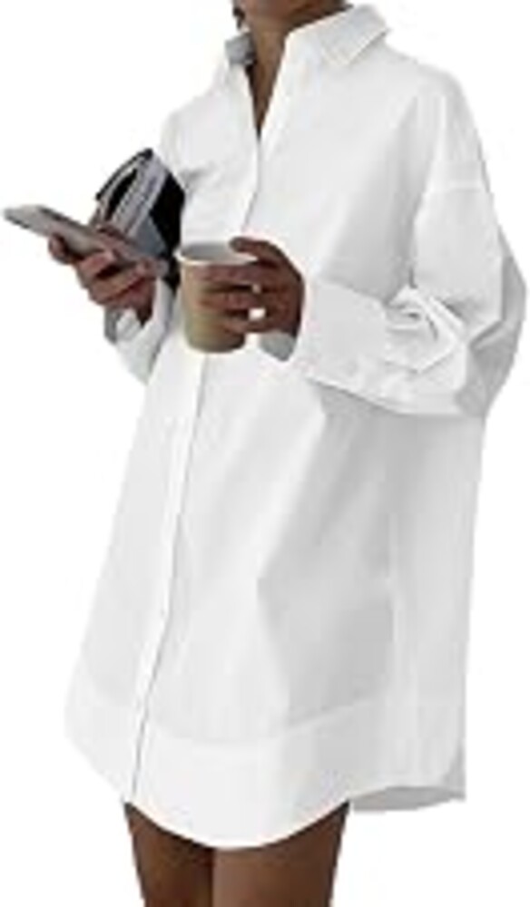 LYANER Women's V Neck Casual Shirt Dress | Collar Button Down Loose Long Sleeve Mini Dresses