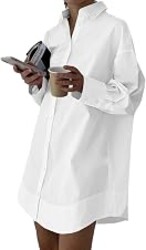 LYANER Women's V Neck Casual Shirt Dress | Collar Button Down Loose Long Sleeve Mini Dresses