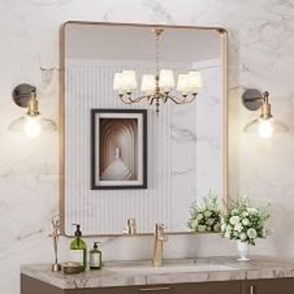 LOAAO 30"X36" Gold Bathroom Mirror | Rounded Rectangle, Brushed Gold Frame, Wall-Mounted, Anti-Rust, Tempered Glass, Hangs Horizontally or Vertically