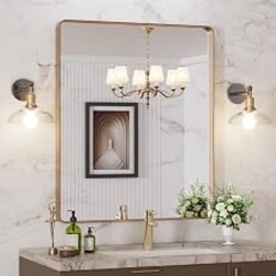 LOAAO 30"X36" Gold Bathroom Mirror | Rounded Rectangle, Brushed Gold Frame, Wall-Mounted, Anti-Rust, Tempered Glass, Hangs Horizontally or Vertically