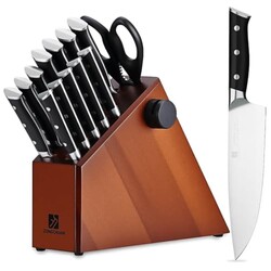 15-Piece Kitchen Knife Set with Block and Built-in Sharpener, High Carbon Stainless Steel Knives with Acacia Wood Block, Ergonomic Anti-Slip Handles, Dishwasher Safe for Home Cooking and Chefs