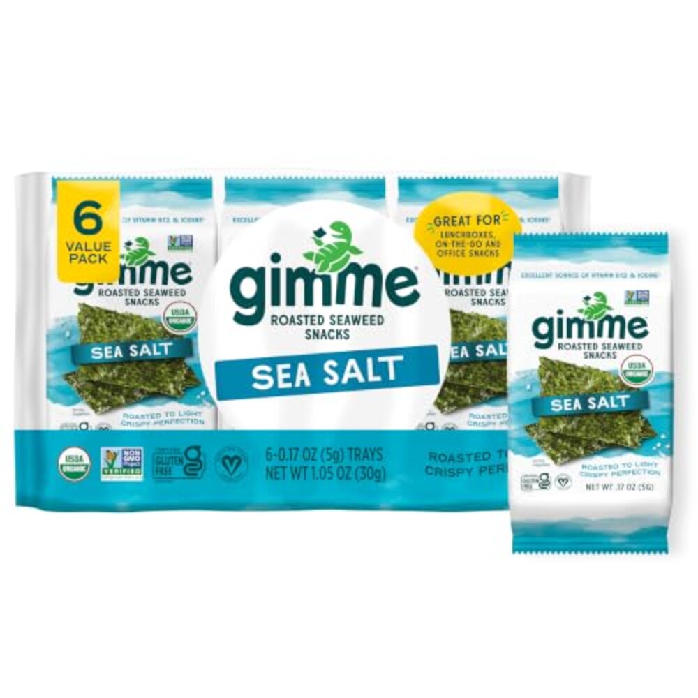 Gimme 6 CT Sea Salt Organic Roasted Seaweed Snacks, 5g, 0.17oz | Keto, Vegan, Gluten Free, Great Source of Iodine & Omega 3’s, Healthy On-The-Go Snack for Kids Adults