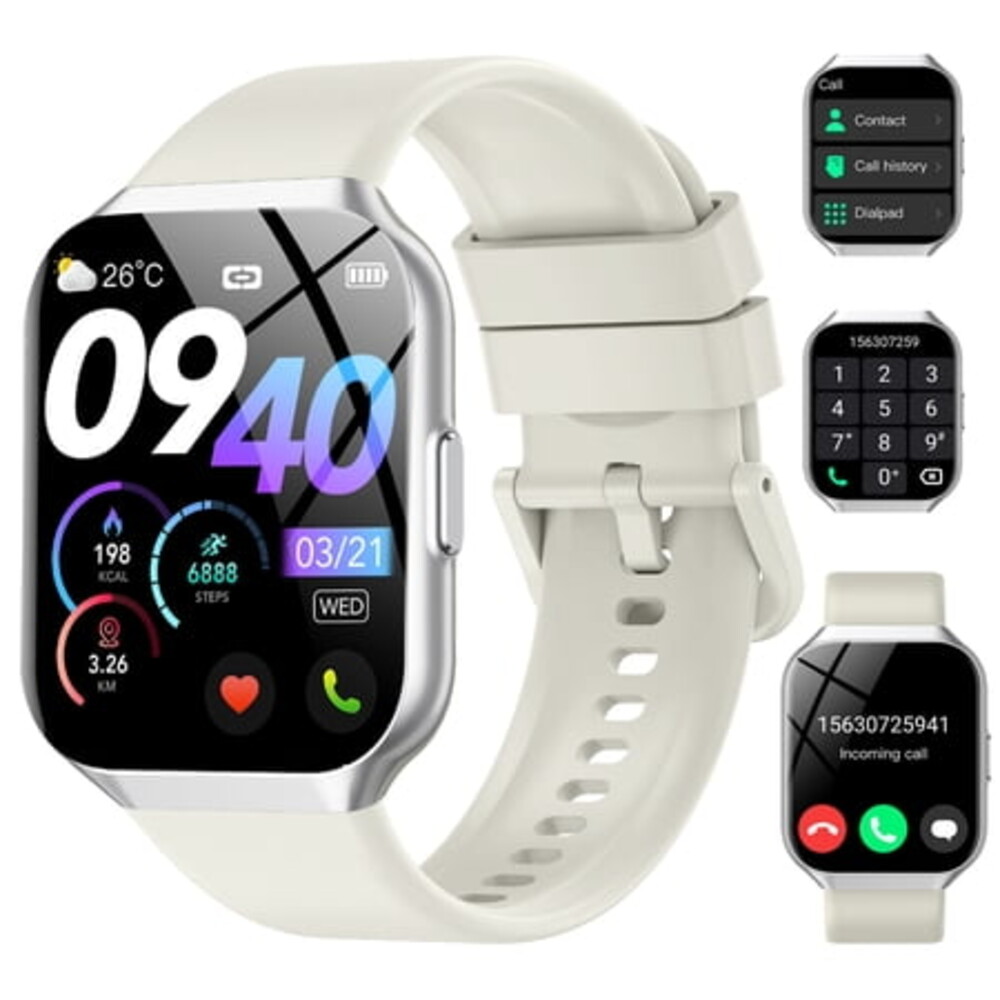 Smart Watch Fits for Android and iPhone 1.96'' Smartwatch for Men Women 110+ Sports Modes Fitness Tracker with Answer Make Calls/Message Reminder, IP68 Waterproof for Gift (White）