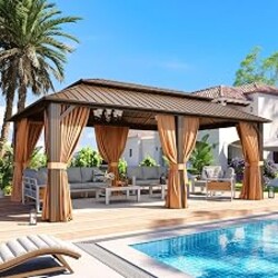 Aoxun Gazebo 20x12 Hardtop Gazebo with Double Galvanized Steel Roof, Brown | Metal Frame Outdoor Pavilion with Breathable Netting and Privacy Curtain for Backyard