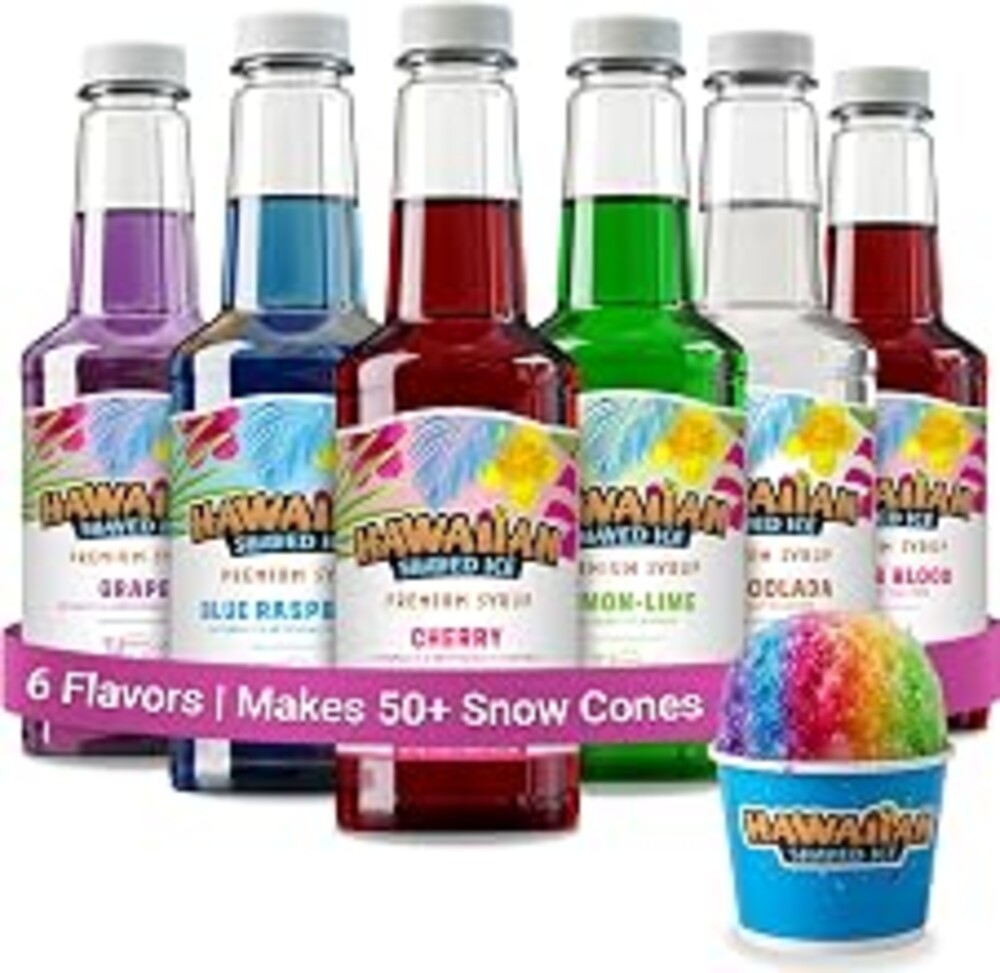 Hawaiian Shaved Ice Syrup Assortment, 6 Popular 16oz Flavors: Cherry, Grape, Blue Raspberry, Tiger's Blood, Lemon-Lime, Pina Colada