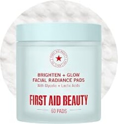 First Aid Beauty Brighten + Glow Facial Radiance Pads, Dual-Sided AHA Exfoliating Pads with Glycolic + Lactic Acids, Daily Exfoliant for Brighter & Smoother Skin, Sensitive Skin Safe