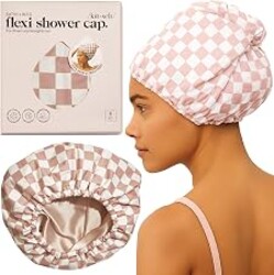 Kitsch Luxury Satin-Lined Flexi Shower Cap for Women - Terracotta Checker | Shower Caps for Women Reusable Waterproof - Non-slip, Comfortable Quick-dry Hair Shower Cap for All Hair Types