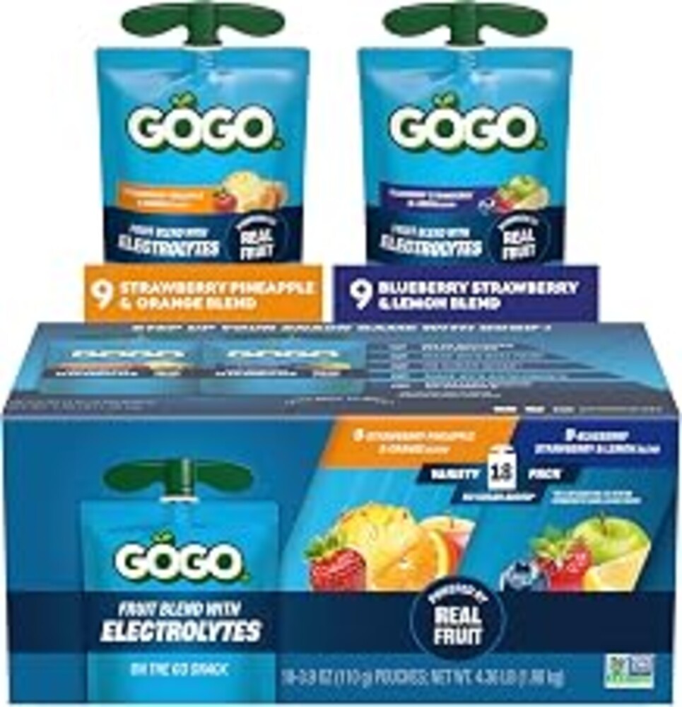 GOGO Active No Sugar Added Electrolytes Fruit Blend Variety Pack, 18 Count | Blueberry Strawberry Lemon & Pineapple Orange Flavors; Made with Real Fruit and Electrolytes for On-the-Go Snacking