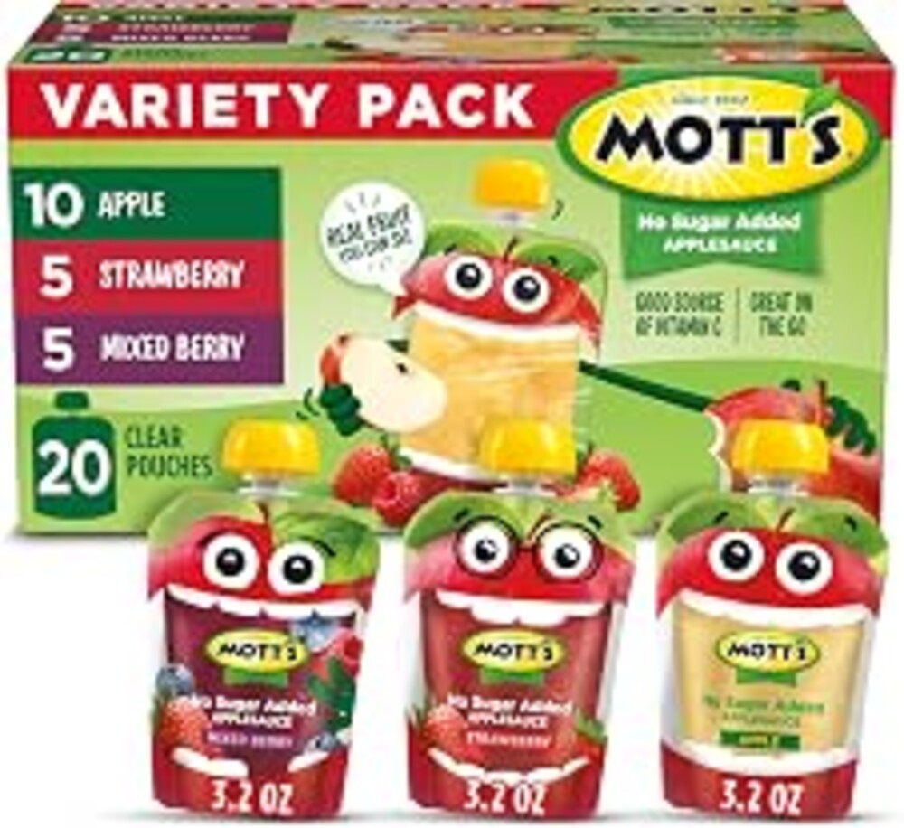Mott's No Sugar Added Applesauce Variety Pack, 3 Flavors – Apple, Strawberry & Mixed Berry, Made from Real Fruit, No Artificial Flavors, 3.2 oz Clear Pouches, 20 Pack