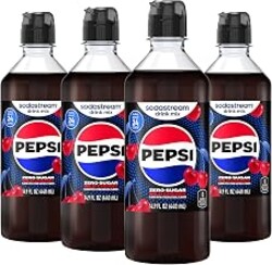 SodaStream Wild Cherry Pepsi Zero Sugar Drink Mix, 4 Pack Cherry Cola Syrup for Sparkling Water Makers, Real Taste Zero Syrup, Control Your Fizz with Sodastream Flavors, 4 x 14.9 Fl Oz (440ml) Makes about 96 Drinks Per Pack.