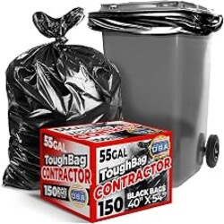ToughBag 55-60 Gallon Heavy Duty Trash Bags, 150 Count, Black, Made in USA
