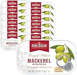 King Oscar Mackerel in Olive Oil, 4.05 oz Can, 12-Pk, Wild Caught | Skinless & Boneless, North Atlantic, Hand Packed, Kosher, Non-GMO, Gluten Free, High Protein, Omega-3, Keto Friendly