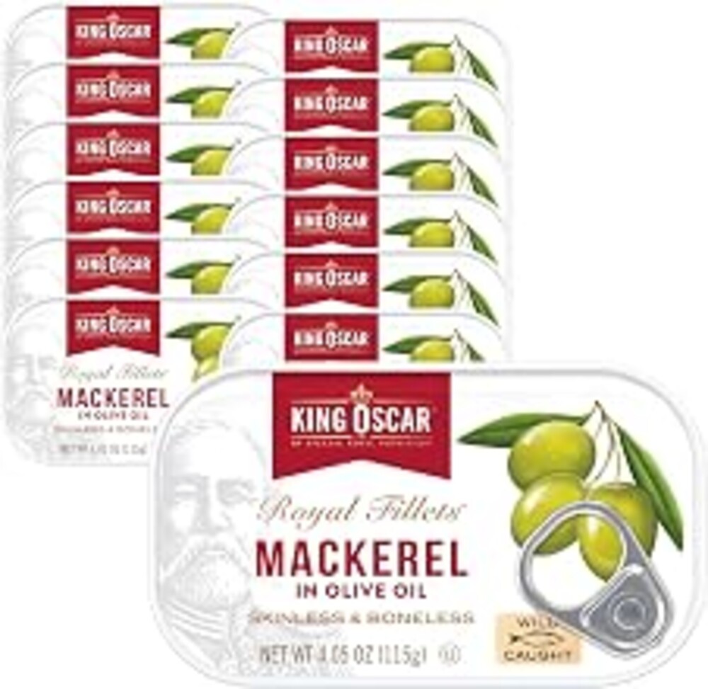 King Oscar Mackerel in Olive Oil, 4.05 oz Can, 12-Pk, Wild Caught | Skinless & Boneless, North Atlantic, Hand Packed, Kosher, Non-GMO, Gluten Free, High Protein, Omega-3, Keto Friendly