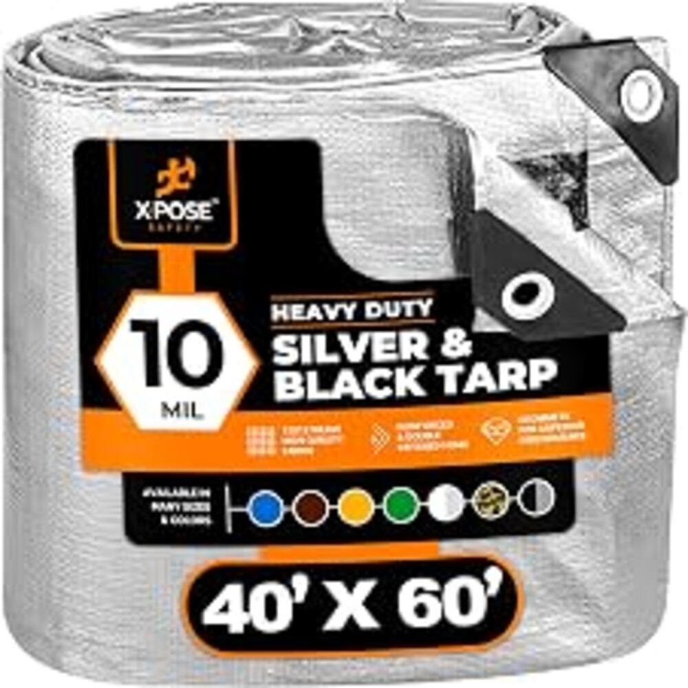 Heavy Duty Poly Tarp - 40' x 60' - 10 Mil Thick Waterproof, UV Blocking Protective Cover - Reversible Silver and Black - Laminated Coating - Grommets - by Xpose Safety
