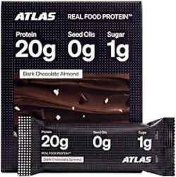 Atlas Real Food High Protein Bars - 20g Protein, 12g Fiber, 1g Sugar, Clean Ingredients, No Added Sugar, No Seed Oils, No Artificial Sweeteners (Dark Chocolate Almond, 12 Count)